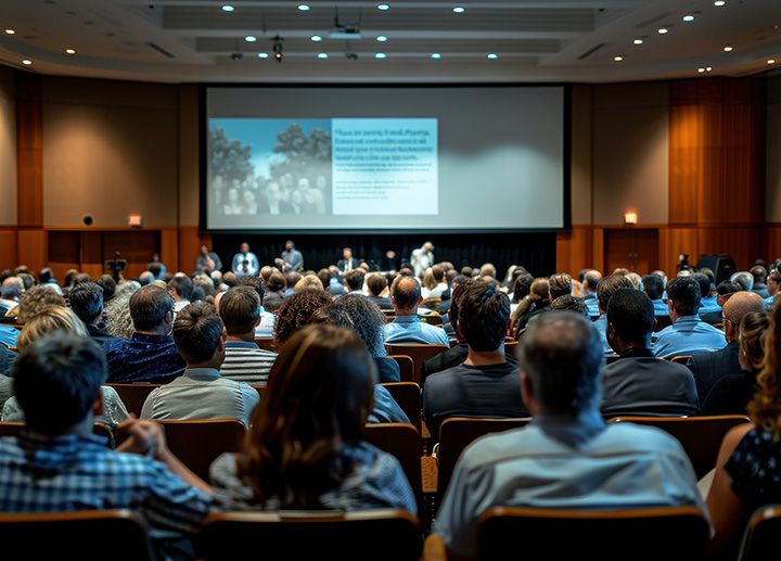Audience seated in an auditorium faces a stage where a panel speaks in front of a large screen displaying a presentation slide.