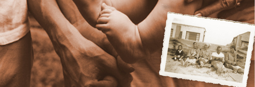 old photo overlaid over modern family closeup with baby foot and parents holding hands