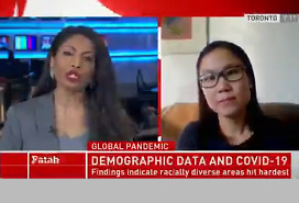 CTV interview screenshot showing Natasha Fatah and Kate Choi, Headline: Demographic Data and Covid-19 - Findings indicate racially diverse areas hit hardest