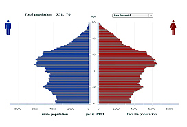 New Brunswick's age pyramid with statistics of male population on left and female population on right, shows a bump at the bottom