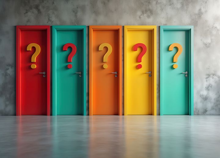 Row of colorful doors, each with a large question mark symbol on it