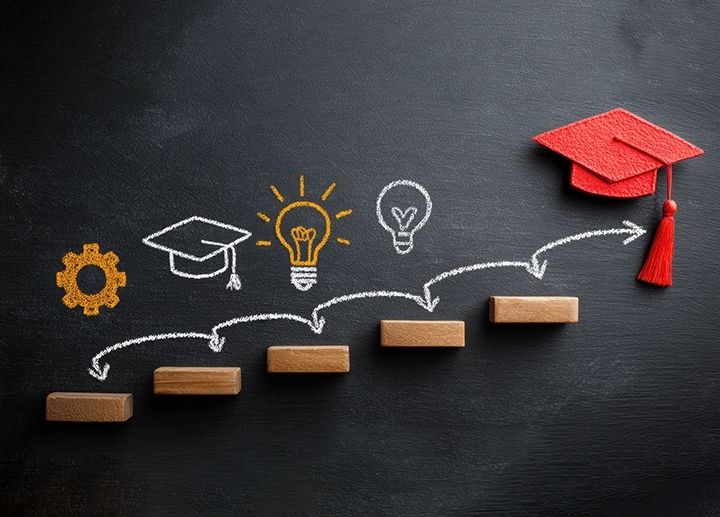 Illustration of a staircase with chalk‑drawn icons leading to a red graduation cap